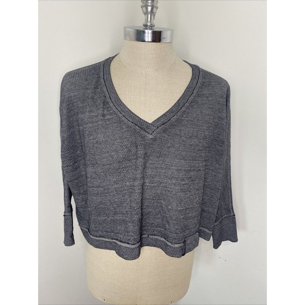 We The Free Womens Cropped top Long Sleeves T-Shirt Grey Sz S Oversized Boxy